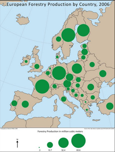 Mapa de datos de la producción forestal en Europa