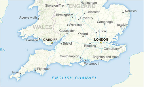 Imagen de un mapa del sur de Reino Unido